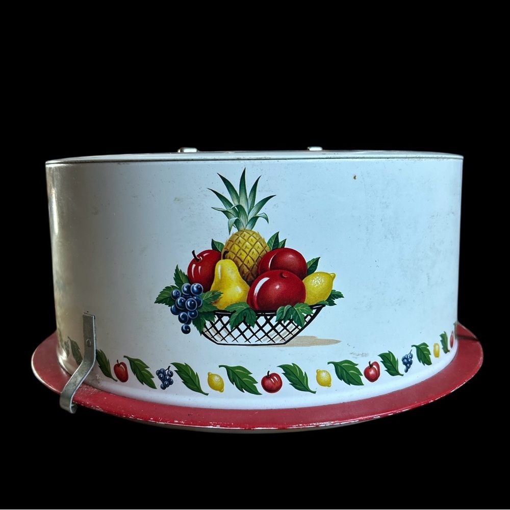 Vintage Decoware Red Metal Cake Carrier Fruit Flowers Apple Pear Cherries 1950s